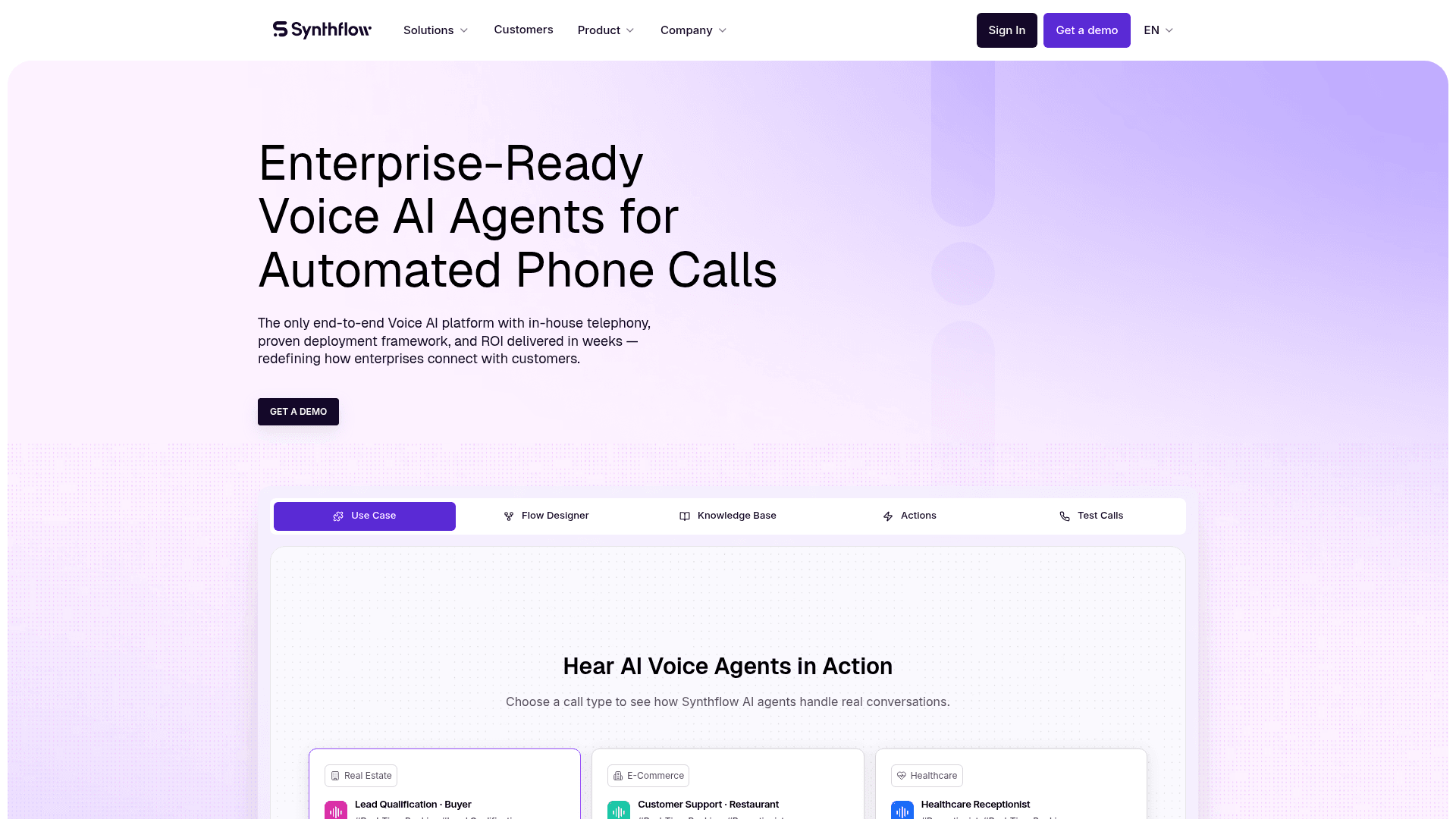Synthflow no-code voice agent builder homepage, as taken from Synthflow