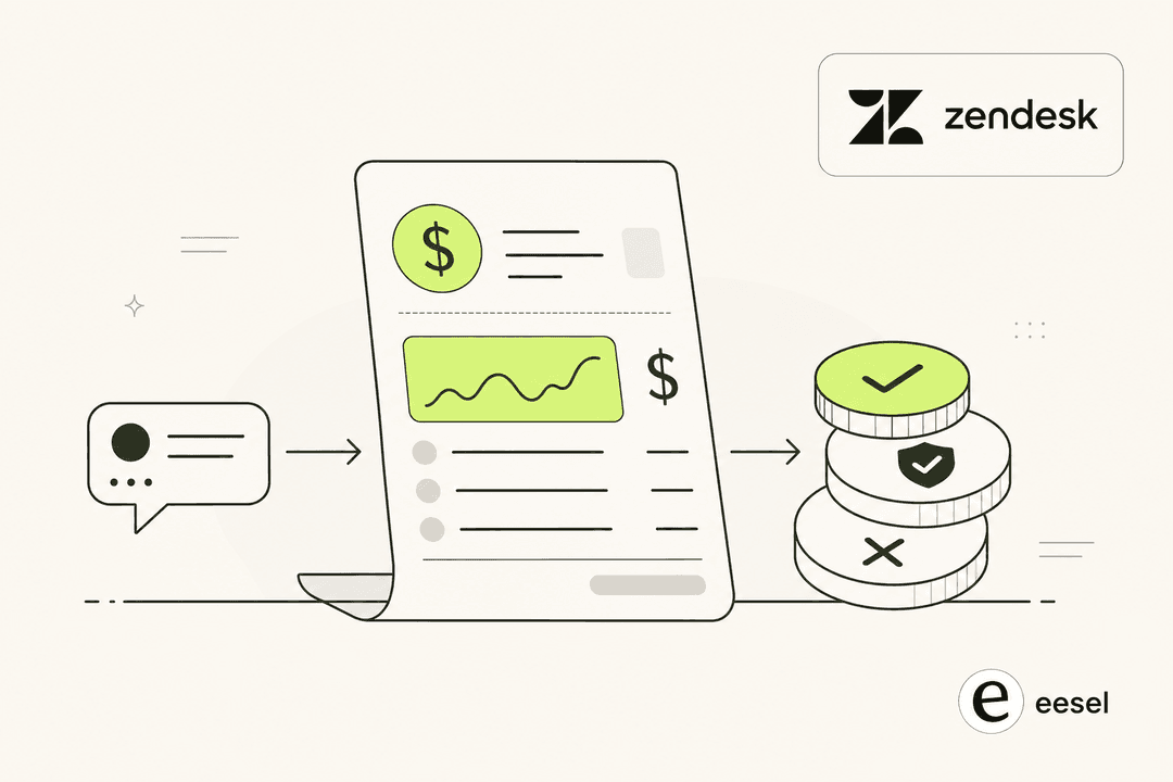Editorial illustration of a Zendesk pay-per-resolution invoice with three resolution tokens and a small eesel watermark
