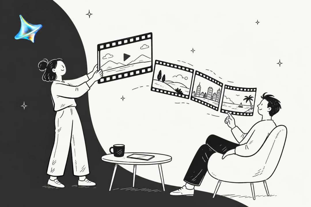 Editorial illustration of AI-generated cinematic video frames being created on a clean canvas