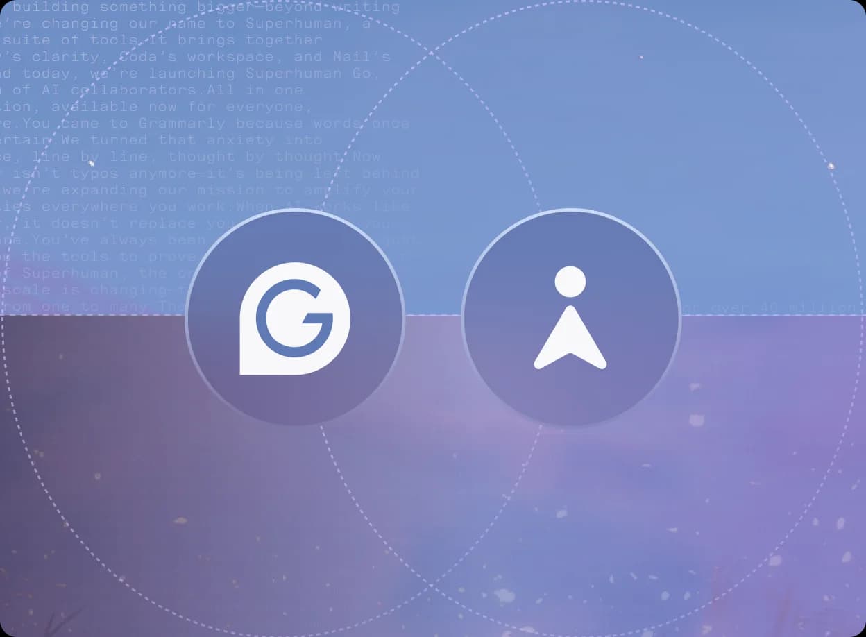 Grammarly and Superhuman logos side by side, representing the 2025 product family merger, as taken from Grammarly
