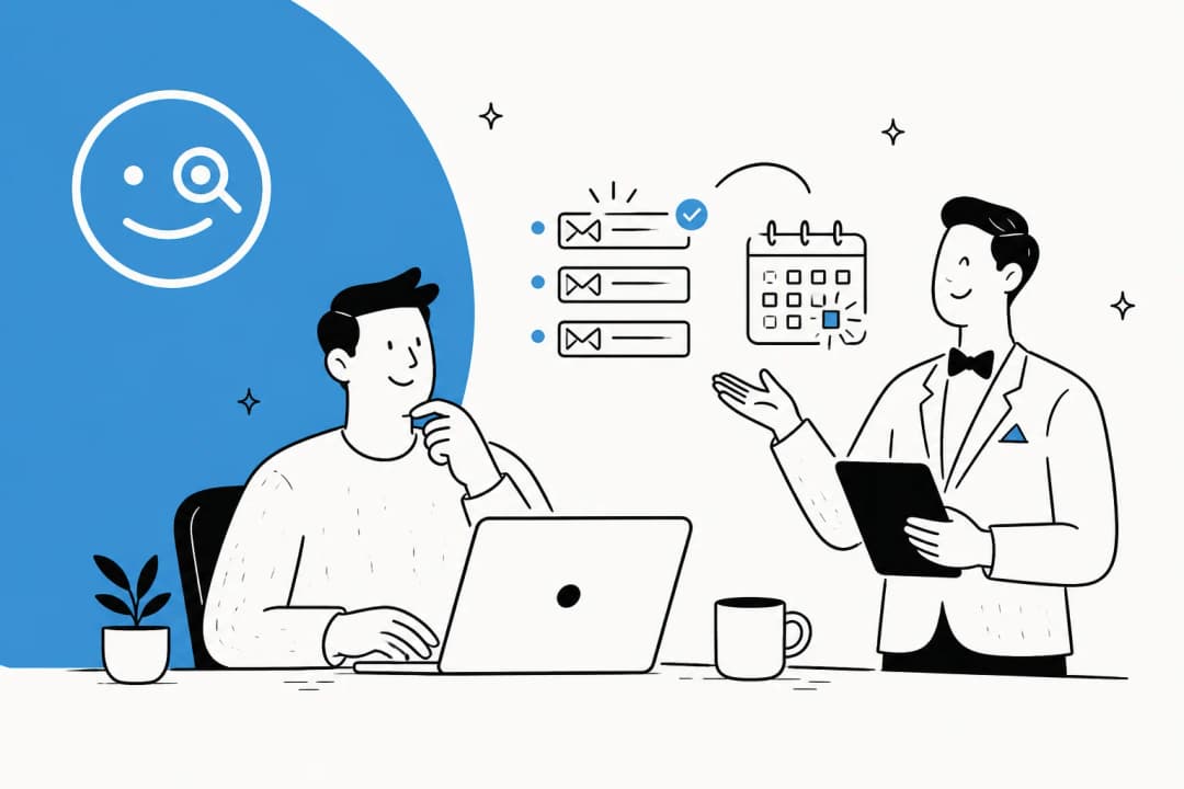 Illustrated hero banner for an alfred_ AI review, showing an email and calendar personal assistant for busy operators