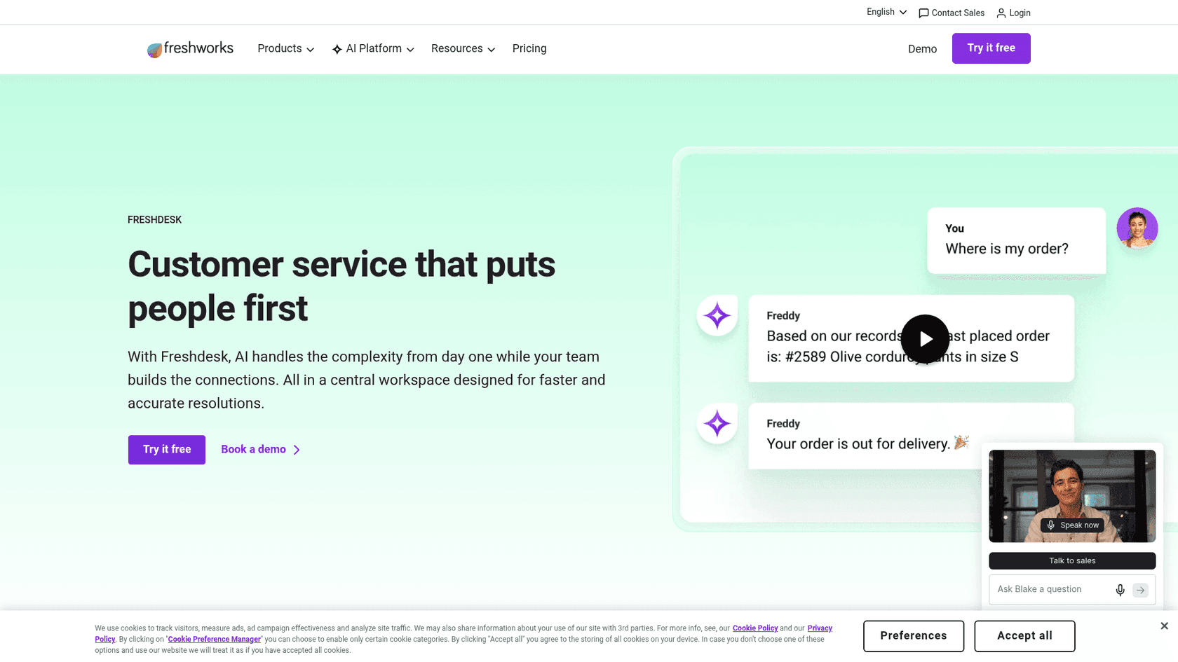 The Freshdesk homepage, Freshworks' AI-boosted customer service platform