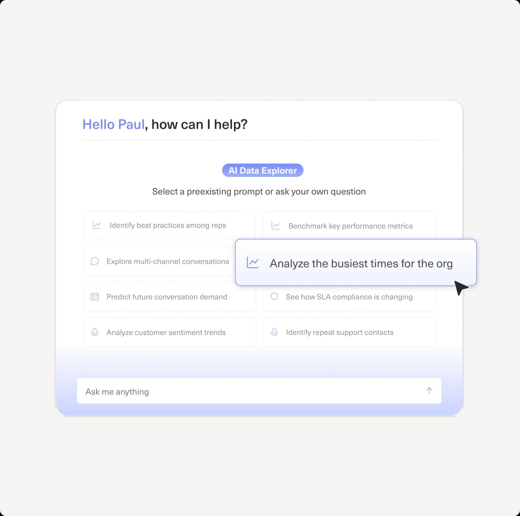 A Kustomer AI Data Explorer panel offering plain-language analytics prompts, as taken from Kustomer