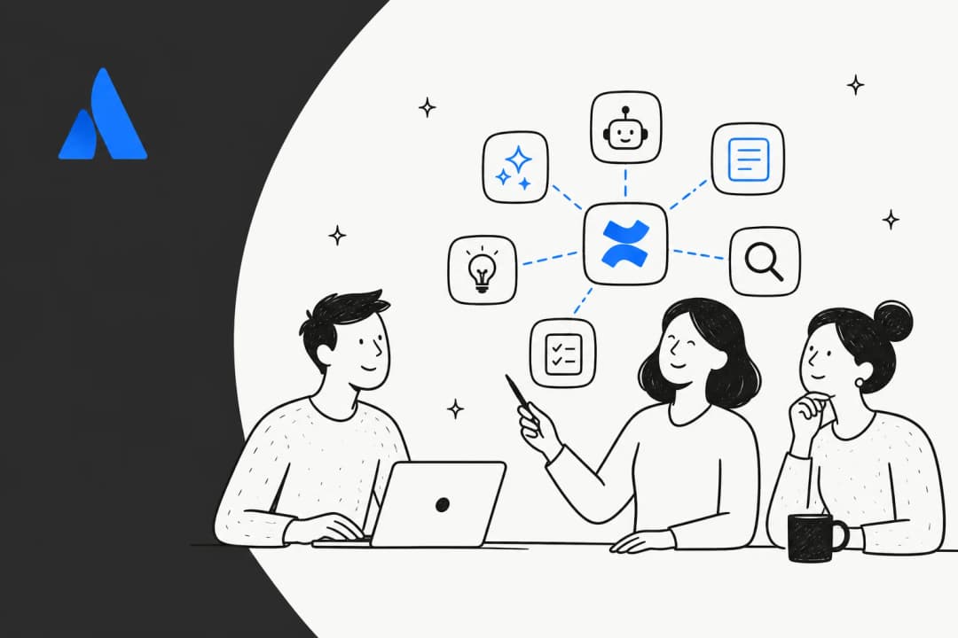Illustration of a team using AI tools connected to a Confluence knowledge base