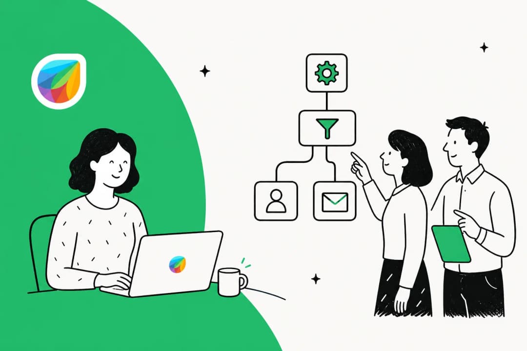 Illustration of Freshdesk automation rules routing tickets to agents and an AI assistant
