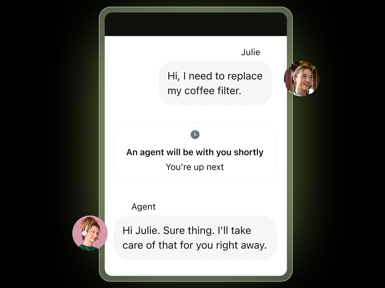 Mobile messaging widget showing a customer requesting a replacement filter and the agent picking up, as taken from Zendesk