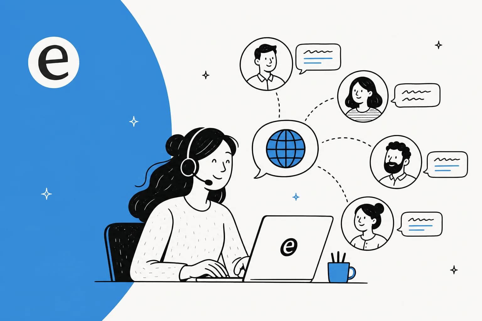 Line illustration of a support agent talking to people in different languages through a globe speech bubble