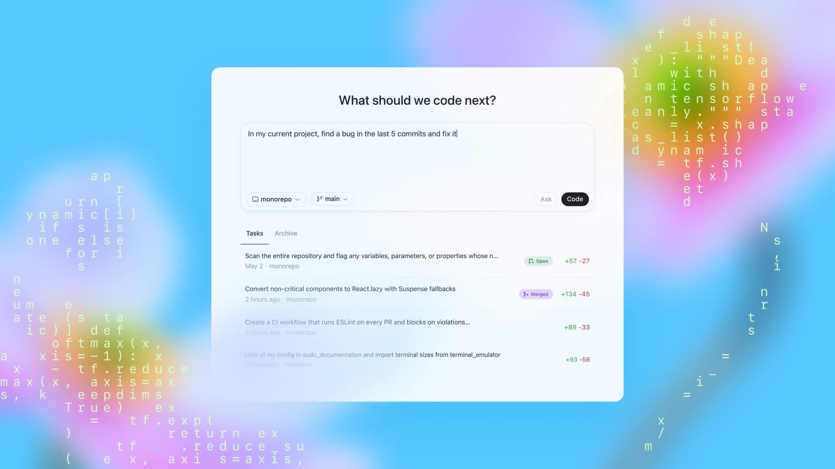 Codex web dashboard showing the 'What should we code next?' interface with repo and branch selectors, as taken from OpenAI