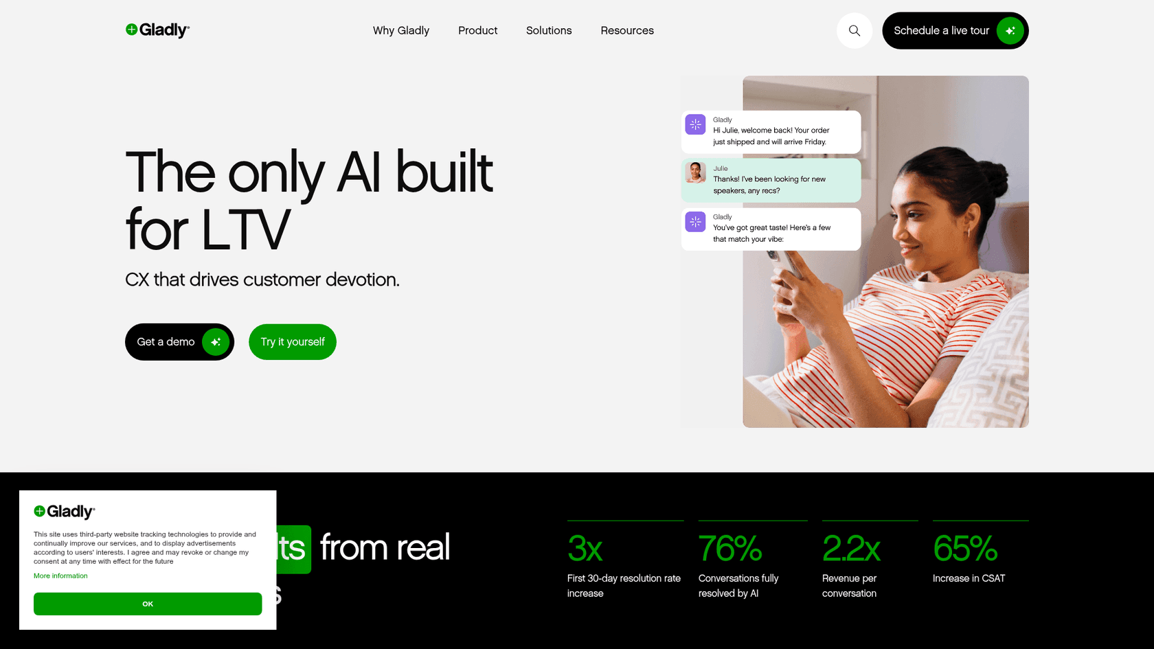 The Gladly homepage, a customer service platform built around lifetime customer value