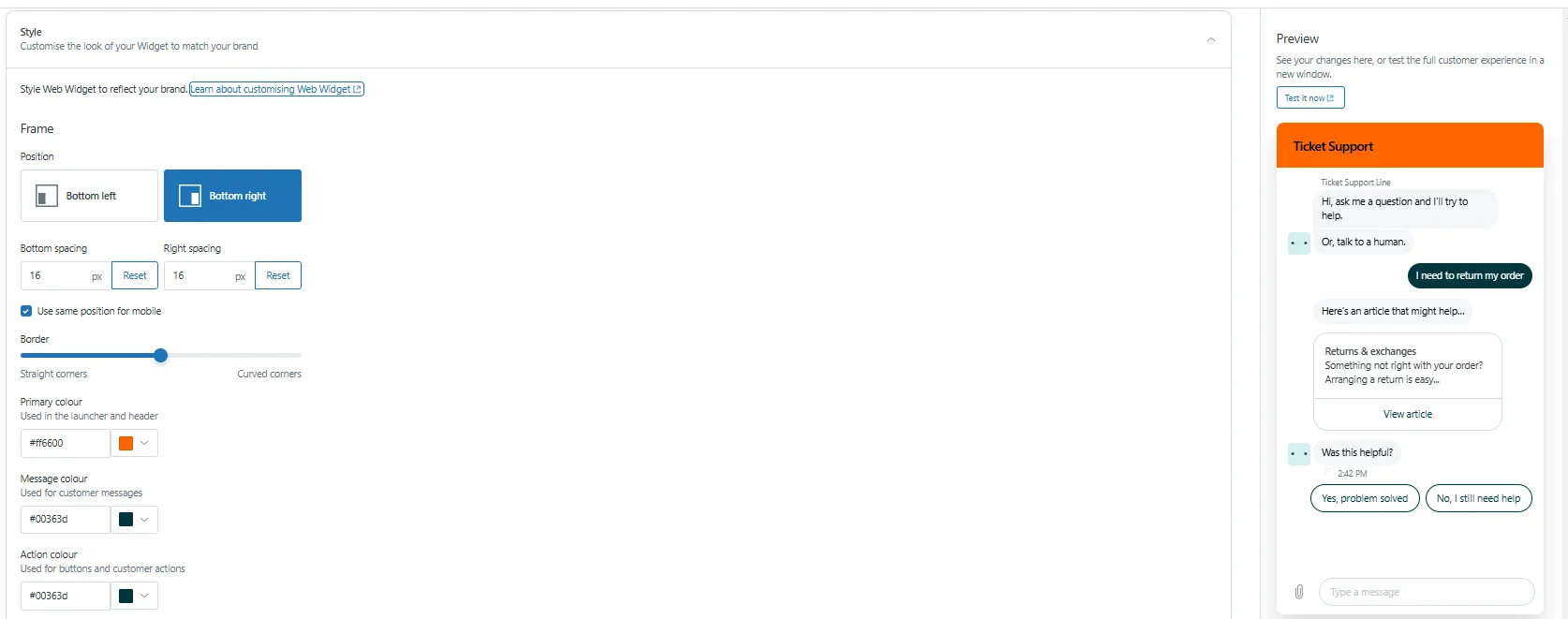 Style tab with live preview in Zendesk Admin Center, as taken from Zendesk