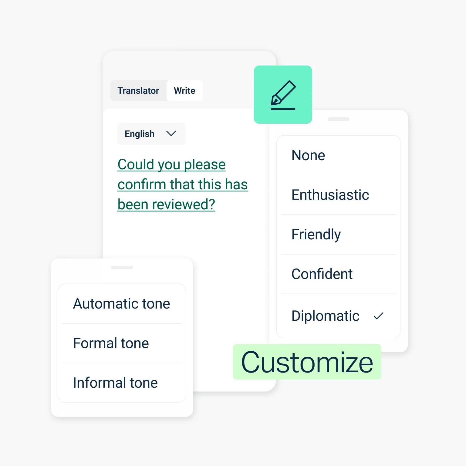 DeepL Write tone and style options, including Automatic, Formal, and Informal registers alongside writing style choices