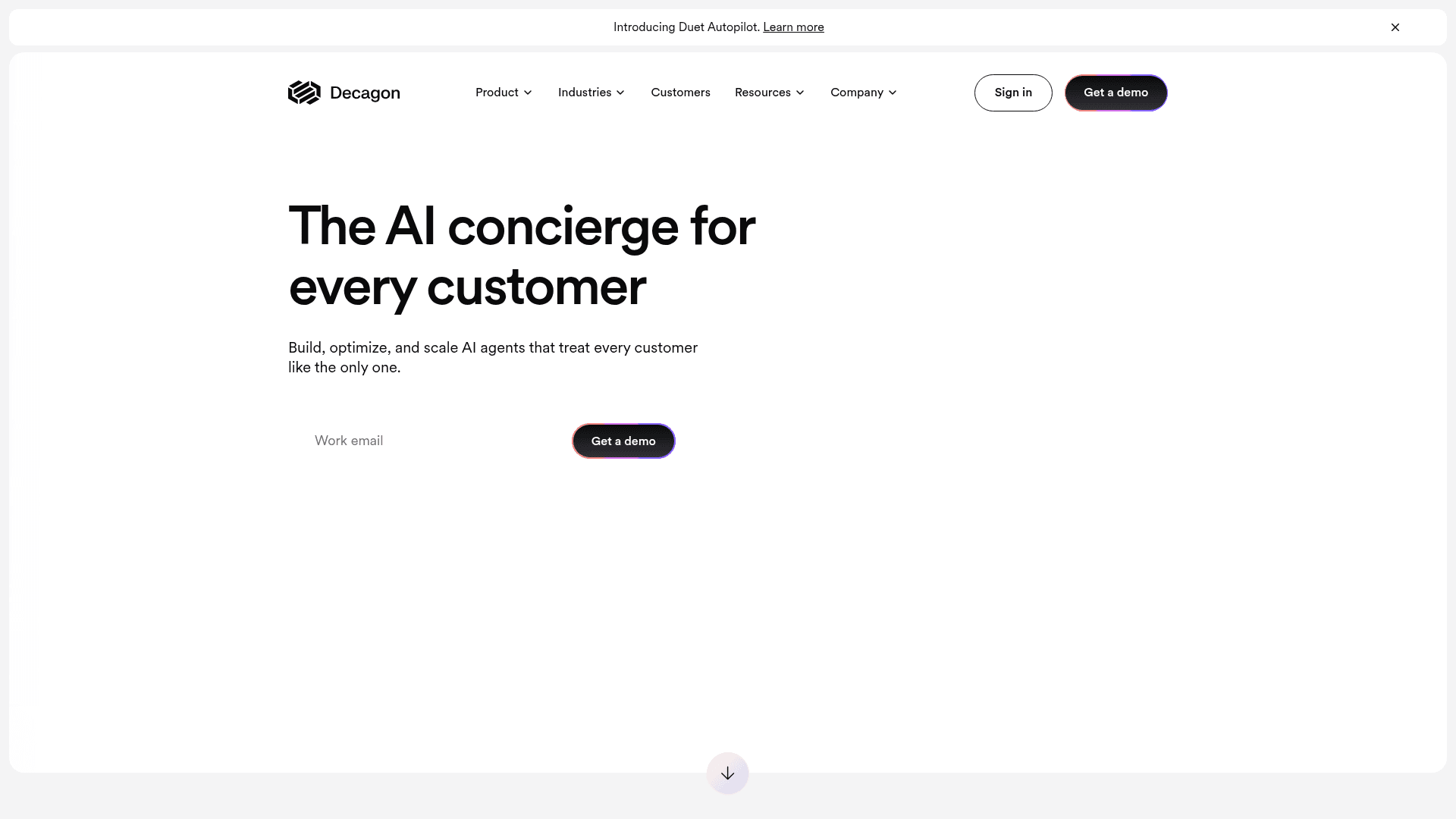 Decagon landing page showing the AI concierge pitch