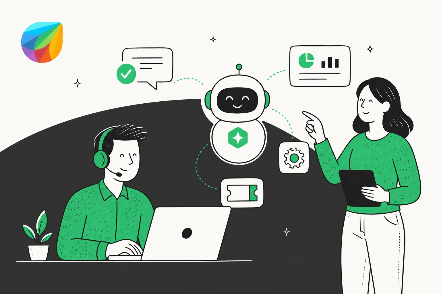 Illustration of an IT team working alongside an AI assistant connected to knowledge sources