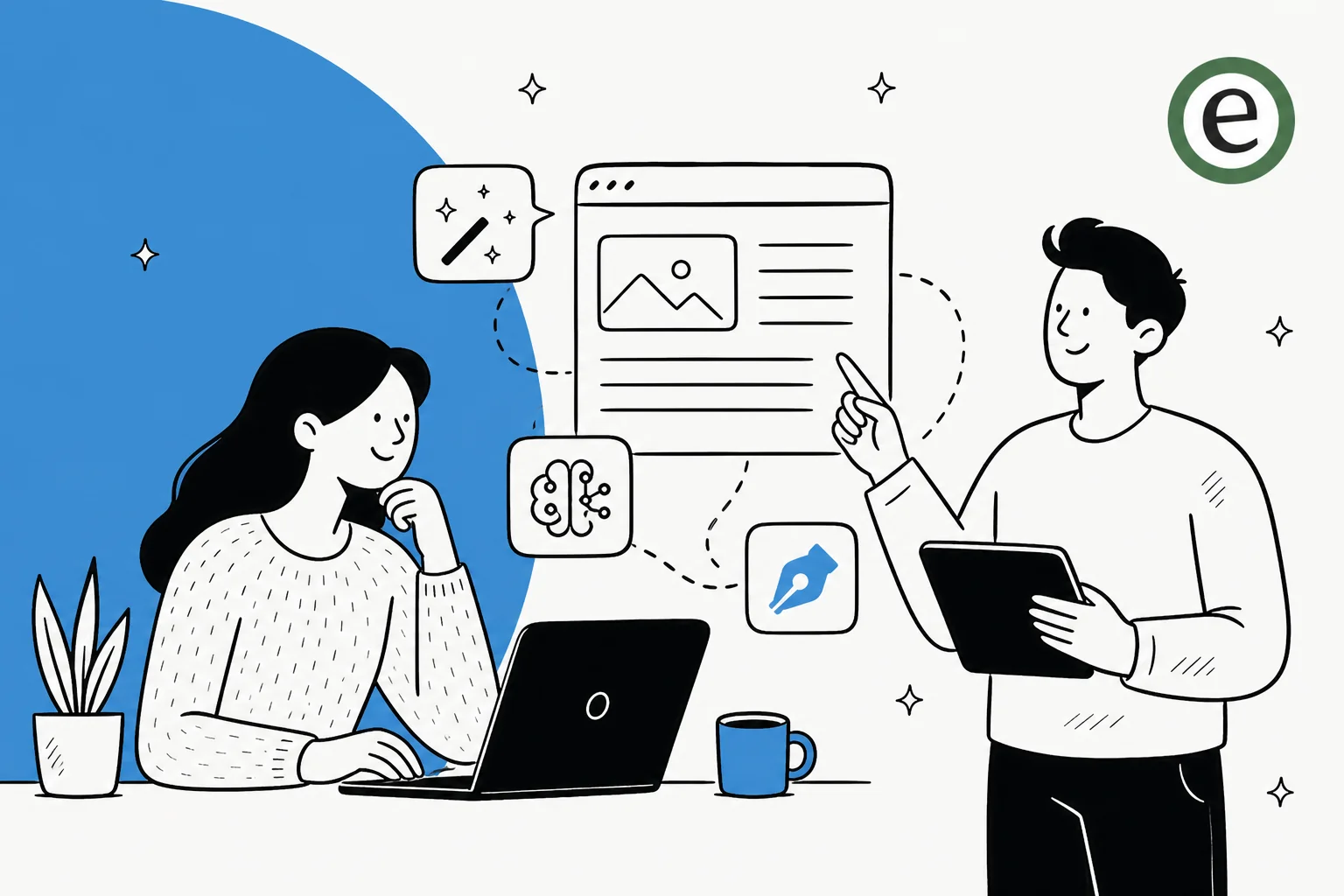 Illustration of AI tools helping write and optimize a blog post