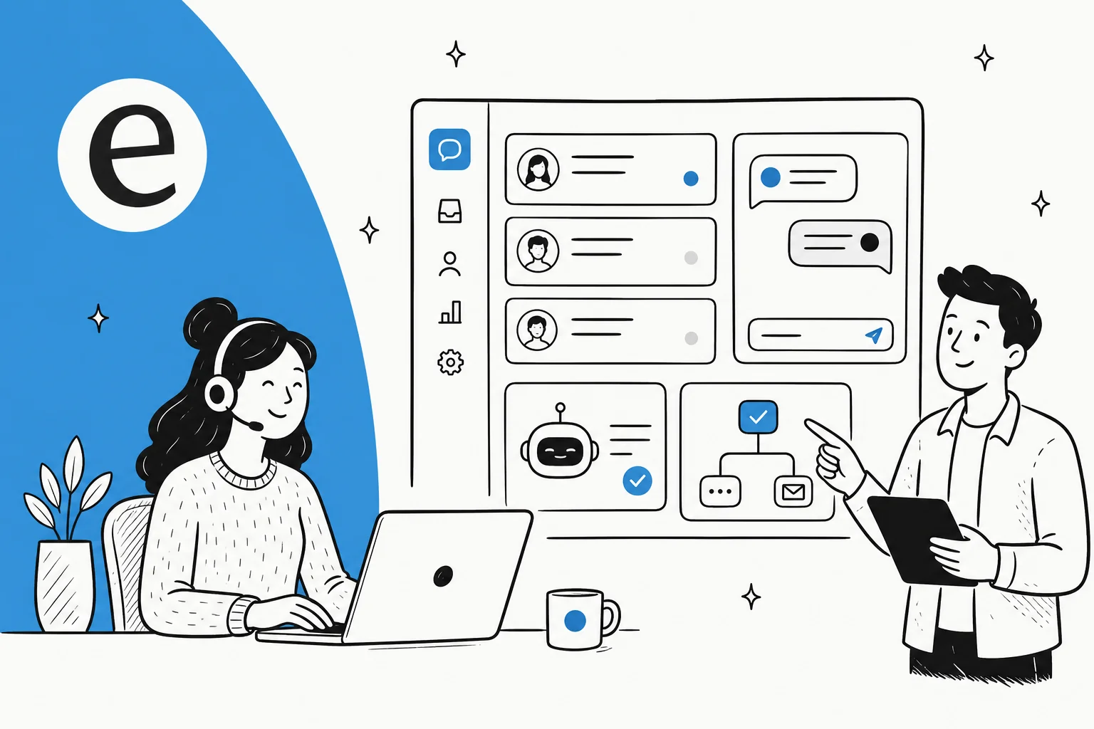 Illustration of a customer service system dashboard with tickets, chat, and AI automation