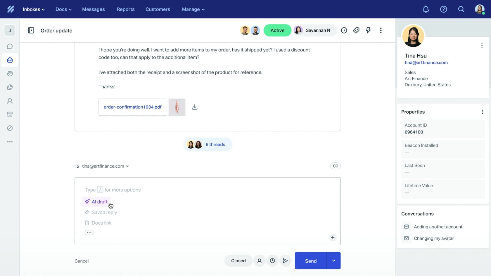 The Help Scout shared inbox with a customer conversation and the AI draft option open, as taken from Help Scout