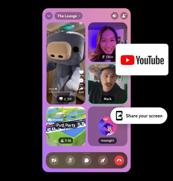 Discord mobile voice call showing four participants with the activities panel open, displaying a game tile and screen share option, as taken from Discord