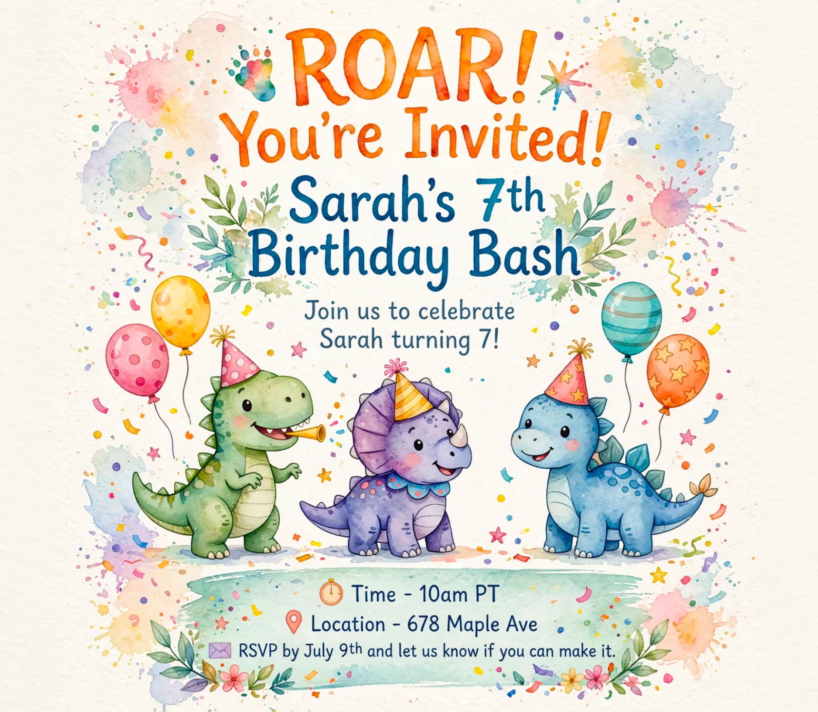 Muse Image generated kids' dinosaur birthday invitation with legible styled text including the time, address, and RSVP date, as taken from Meta