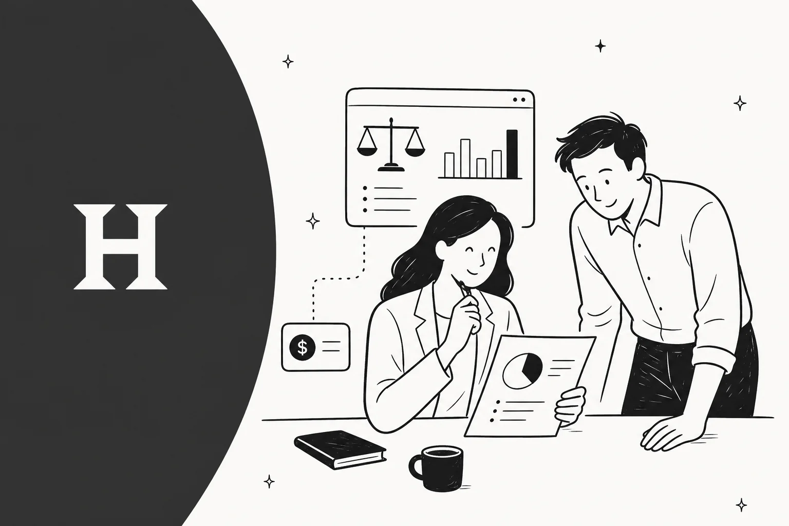 Editorial illustration of a legal AI pricing breakdown for Harvey AI