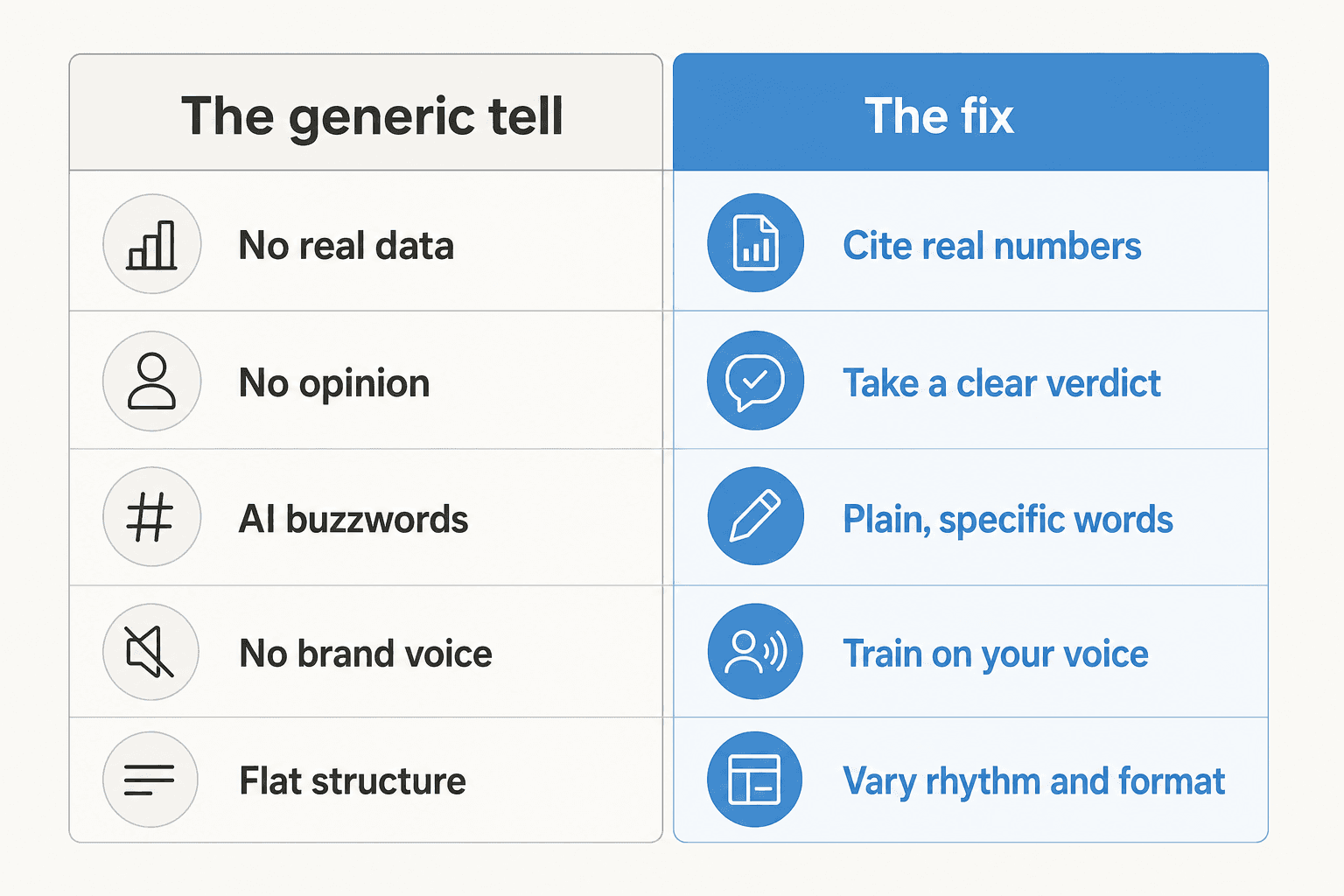 Five generic tells mapped to their fixes: no real data, no opinion, AI buzzwords, no brand voice, flat structure