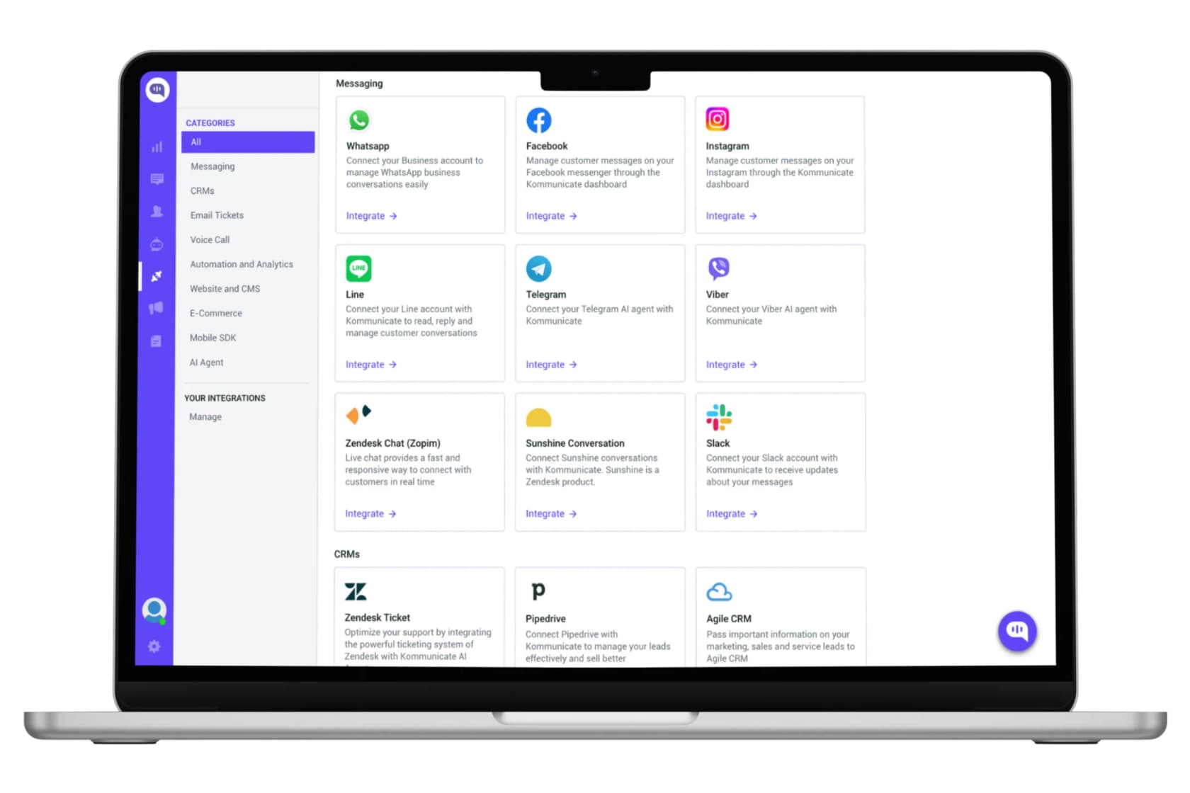 Kommunicate's omnichannel integrations dashboard showing WhatsApp, Facebook, Instagram, Line, Telegram, Zendesk, and CRM connections, as taken from Kommunicate