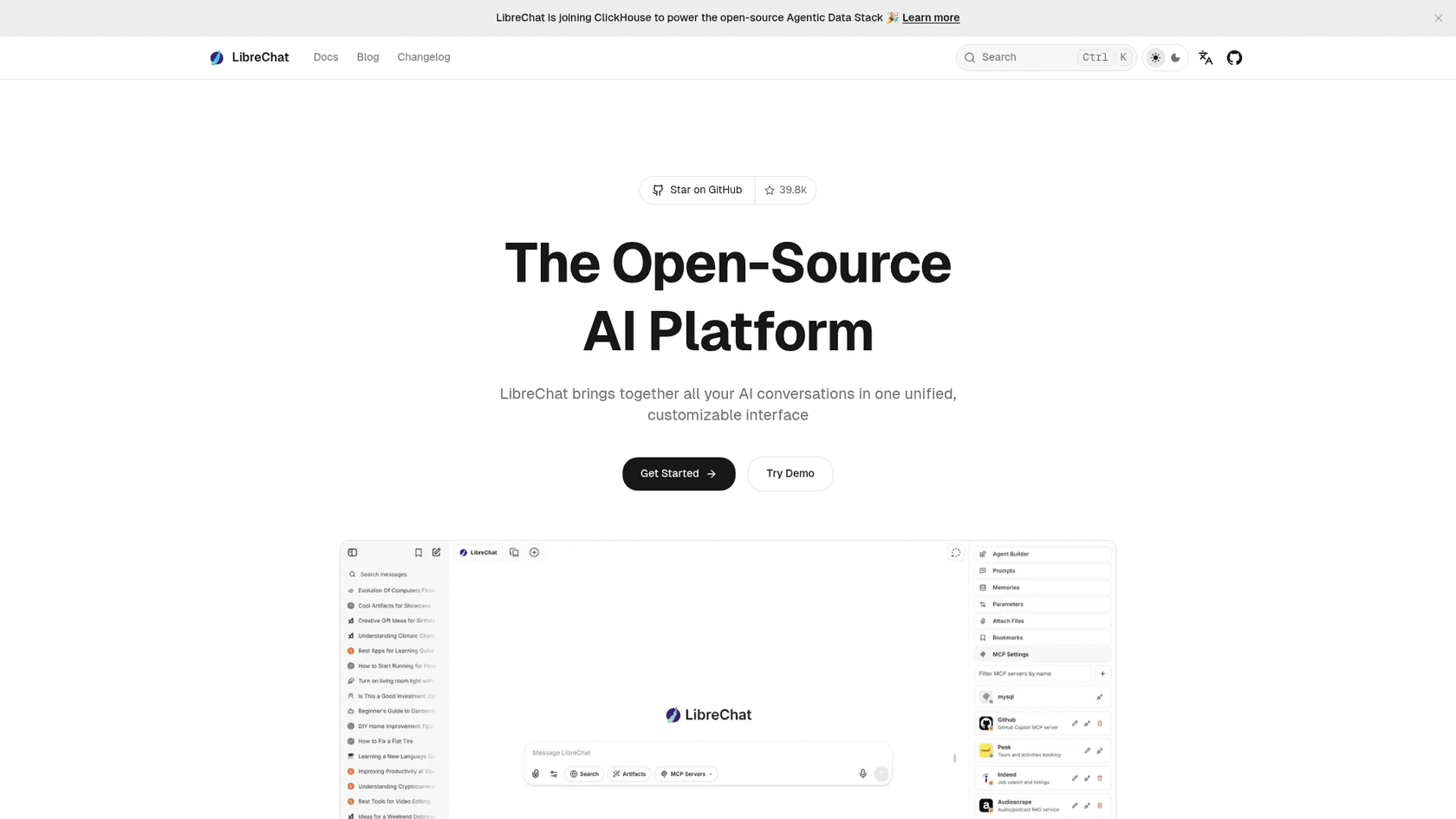 A screenshot of the LibreChat landing page, showing its multi-model open-source chat interface.