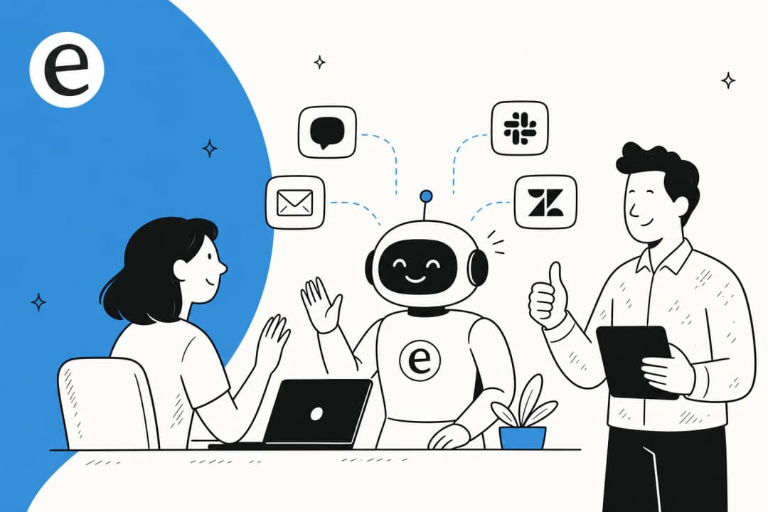 Illustration of a friendly AI teammate being onboarded inside a helpdesk, connected to email, chat, Slack and Zendesk