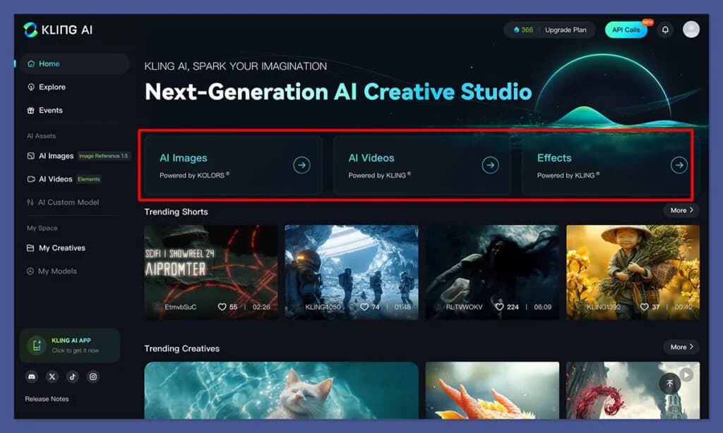 Kling AI homepage showing the video generation interface, as seen on Kling AI