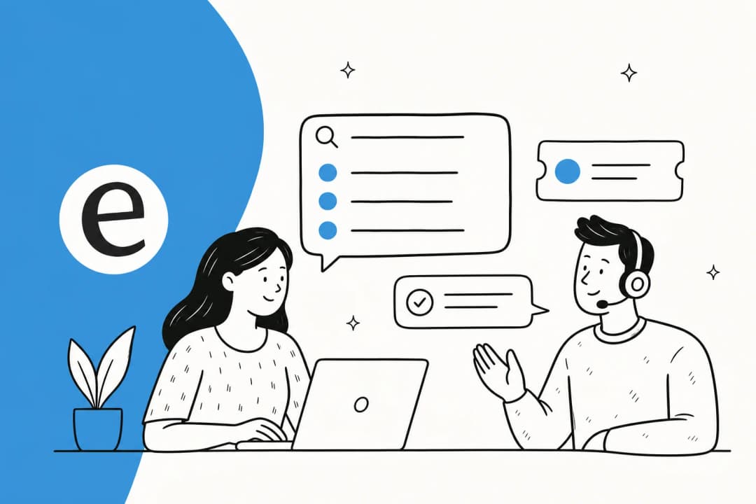 Illustration of a customer support portal with a help center, ticketing, and an AI agent