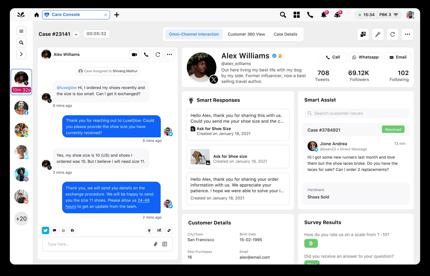 Sprinklr Care Console showing an X conversation, a channel rail with Facebook, WhatsApp and Reddit, plus Smart Responses and Smart Assist panels, as taken from Sprinklr