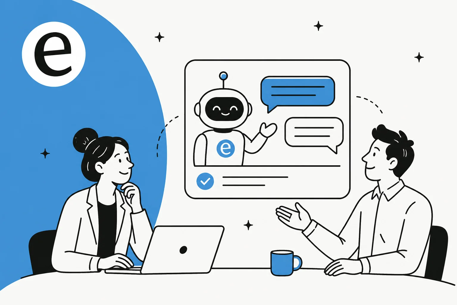 Illustration of a B2B chatbot connecting support, sales, and internal teams