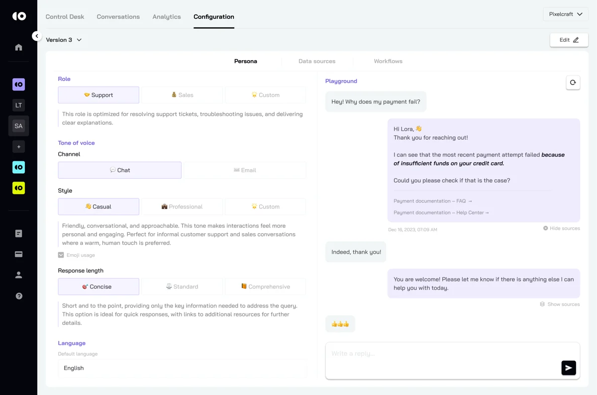 CoSupport AI's persona configuration, with controls for role, tone of voice, style, response length, and language, alongside a live preview, as shown on CoSupport's G2 listing