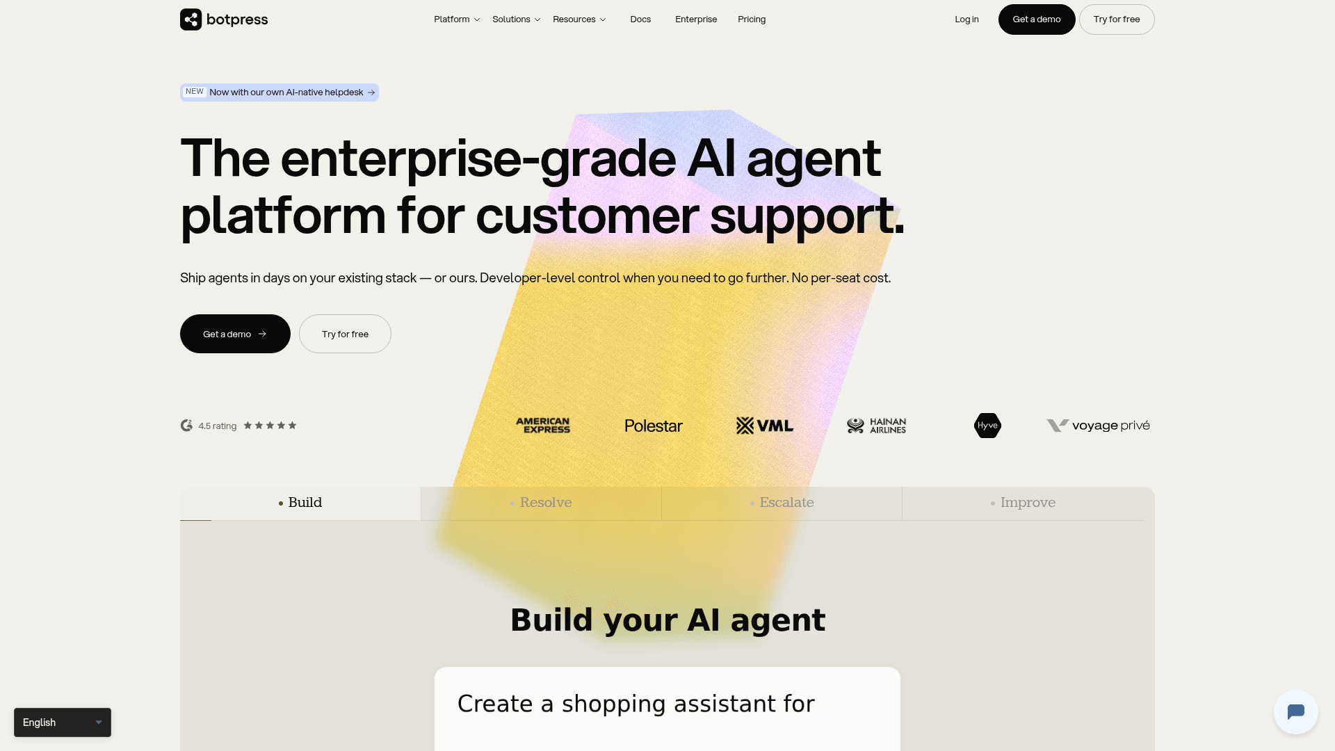 The Botpress homepage, showing its AI agent platform for customer support, as taken from Botpress