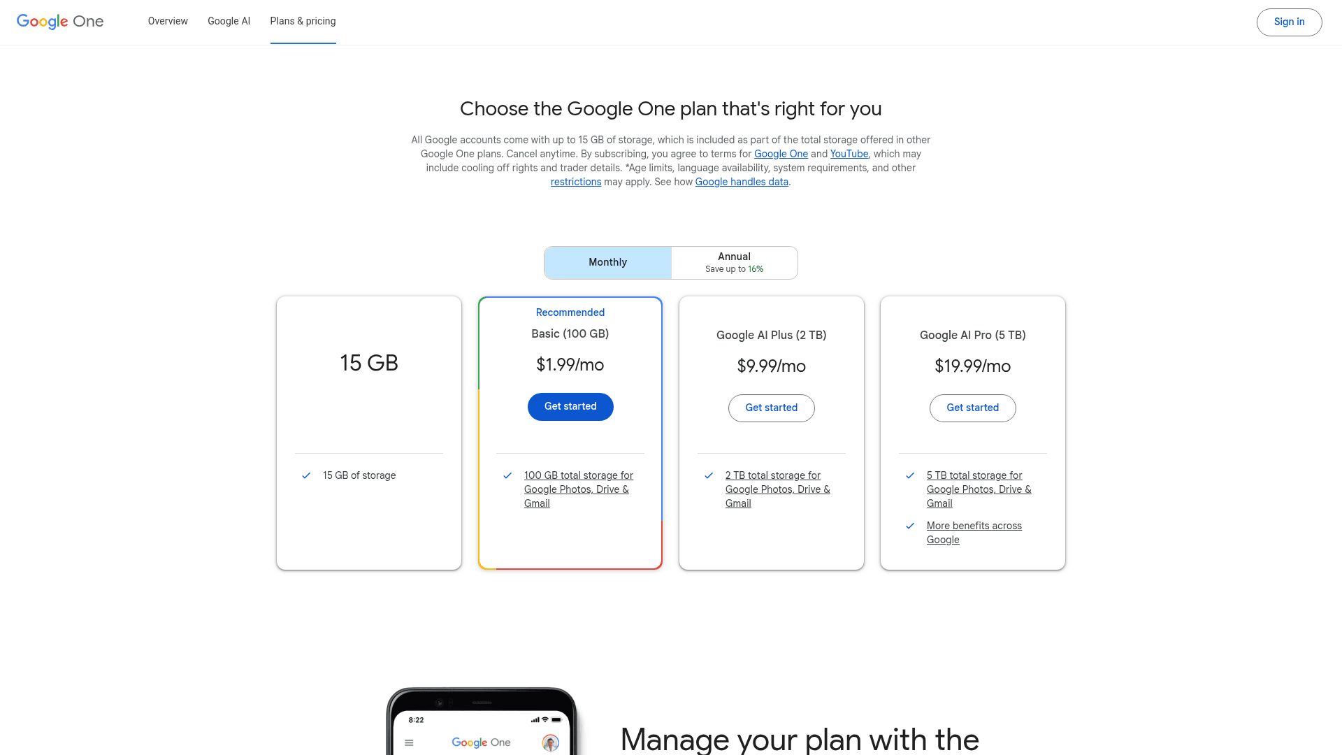 Screenshot of the official Google One page, displaying the Basic, Google AI Plus, and Google AI Pro plans to illustrate personal Google Drive pricing.