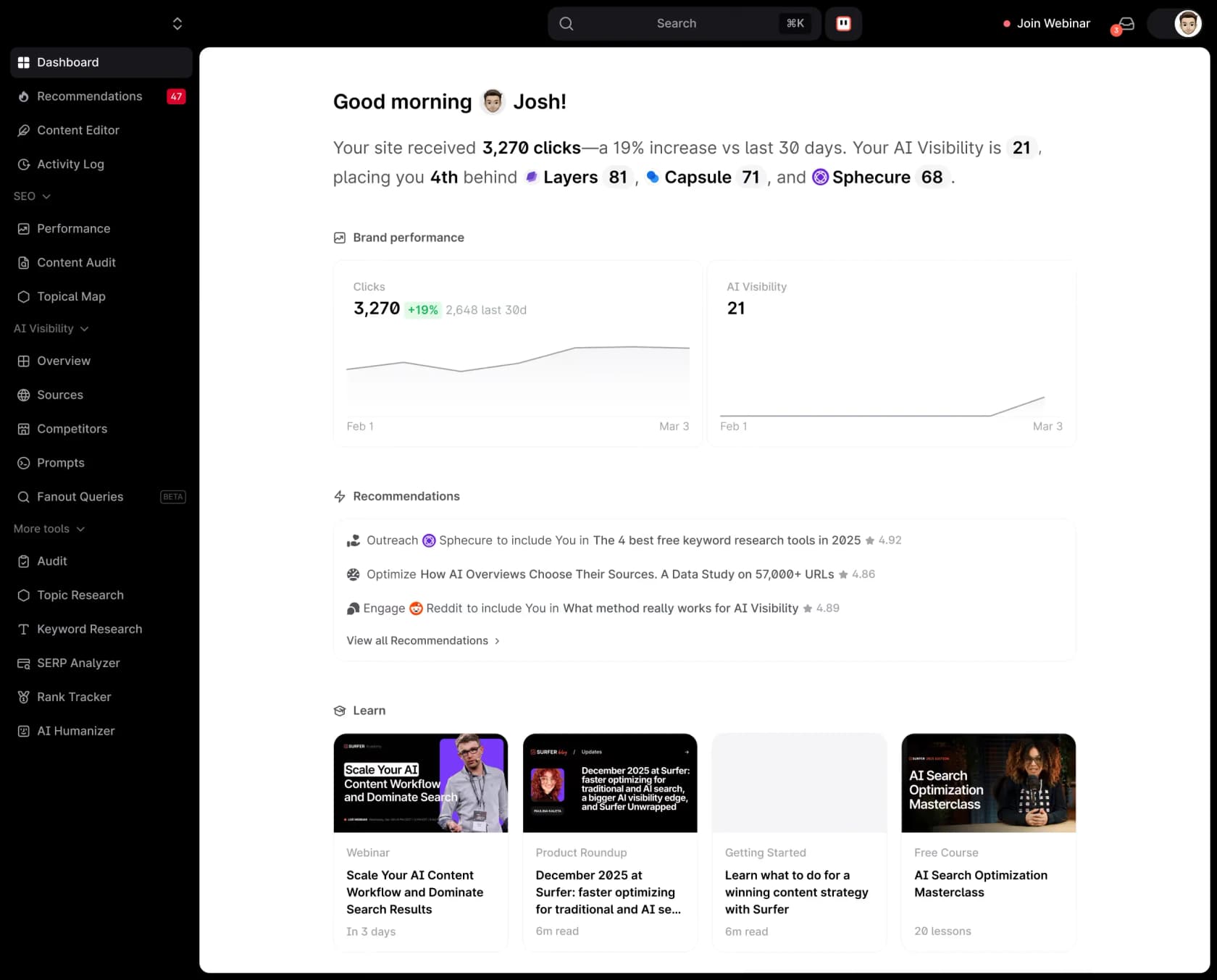Surfer's dashboard showing clicks, AI visibility, and content recommendations, as taken from Surfer