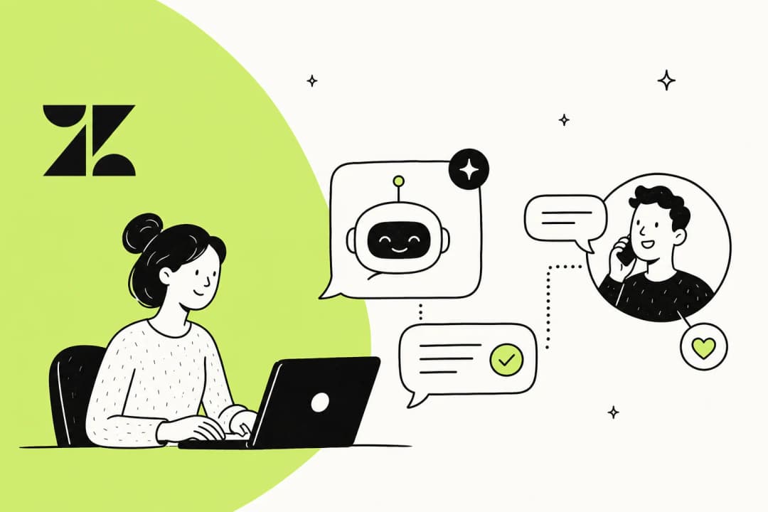 Illustration of a Zendesk AI chatbot resolving a customer conversation with chat bubbles and a support agent