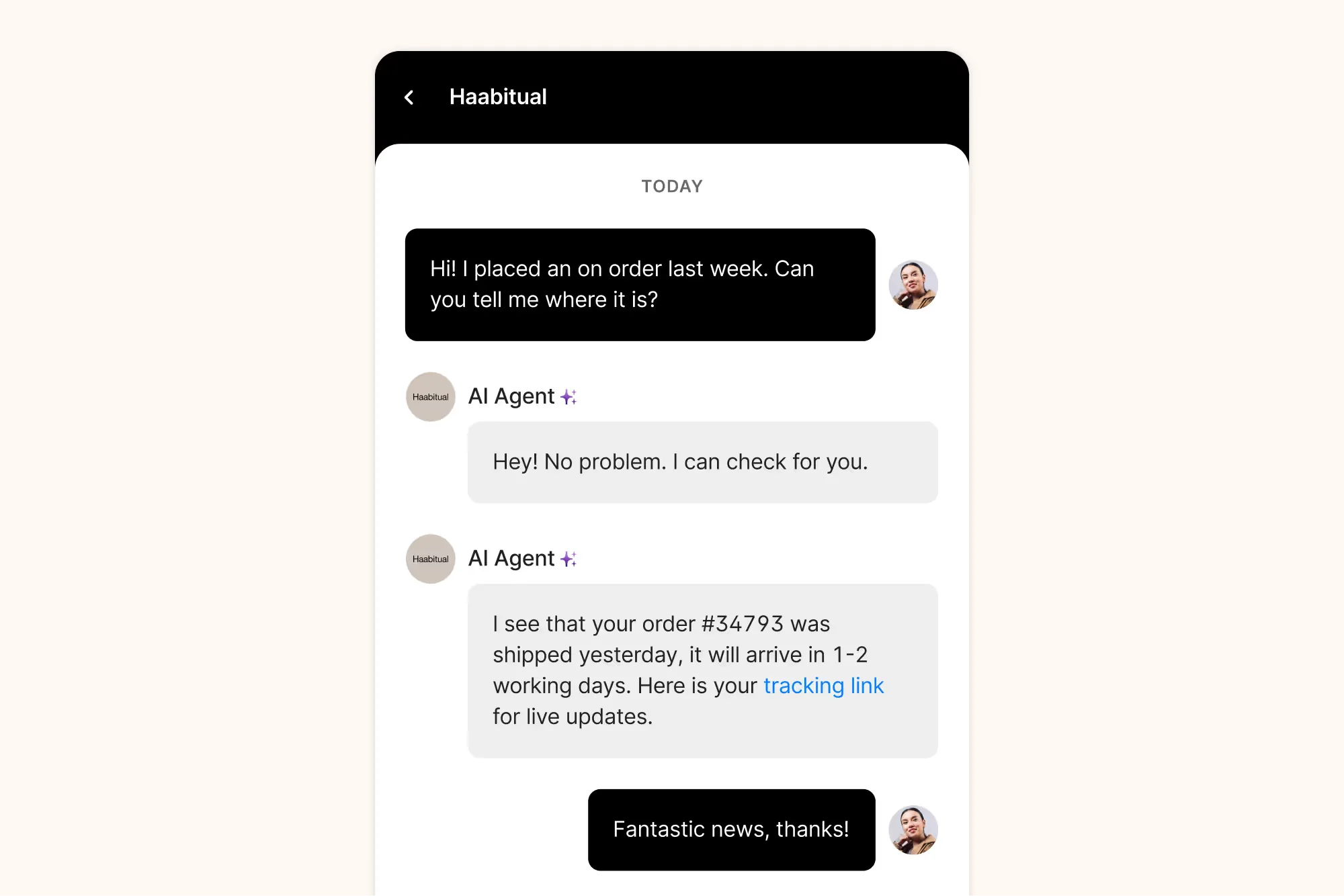 The Gorgias AI Agent answering a 'where is my order' question in chat, replying that order #34793 shipped yesterday and will arrive in 1-2 days with a tracking link