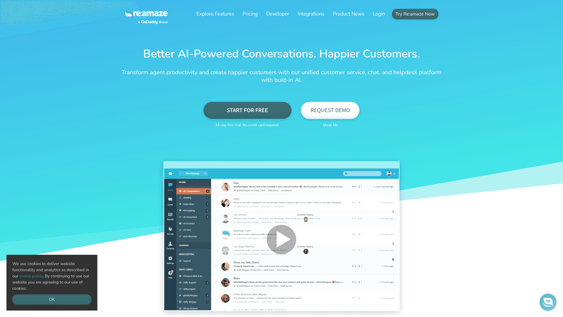 Re:amaze homepage - "Better AI-Powered Conversations. Happier Customers." - showing the unified multi-channel support inbox, via Re:amaze