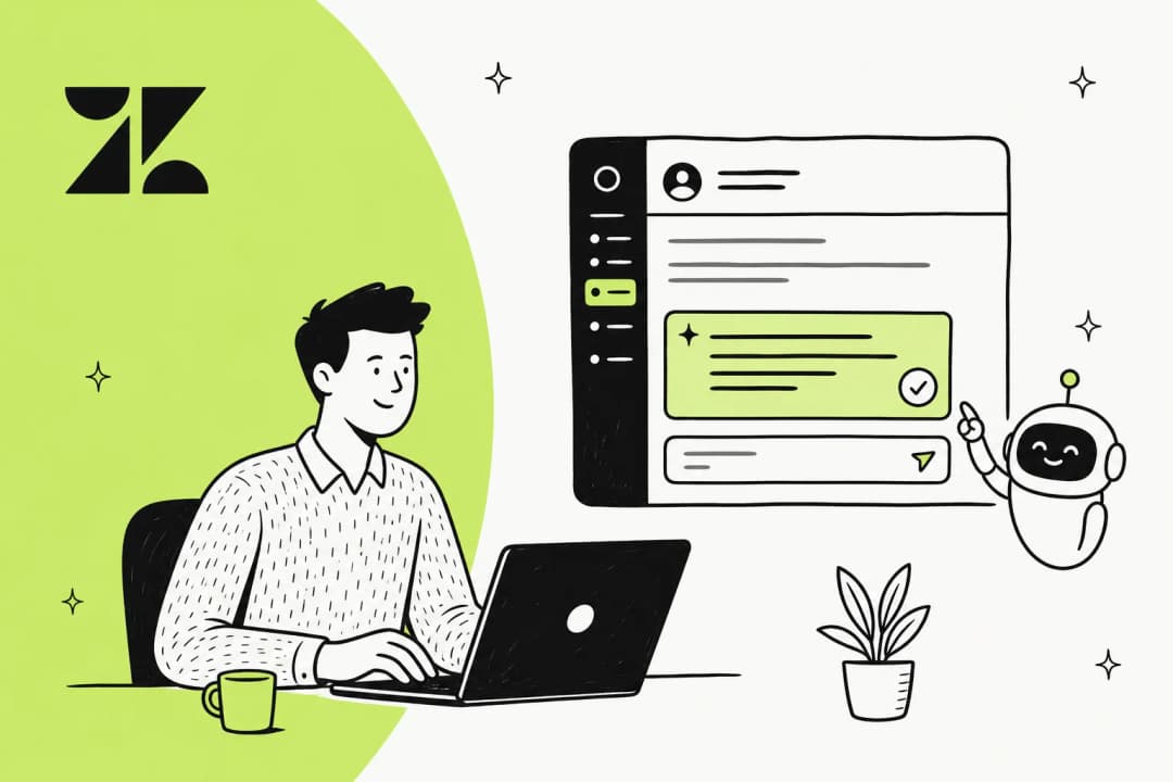Hero banner showing a Zendesk agent inbox with an AI-drafted reply suggestion ready for review