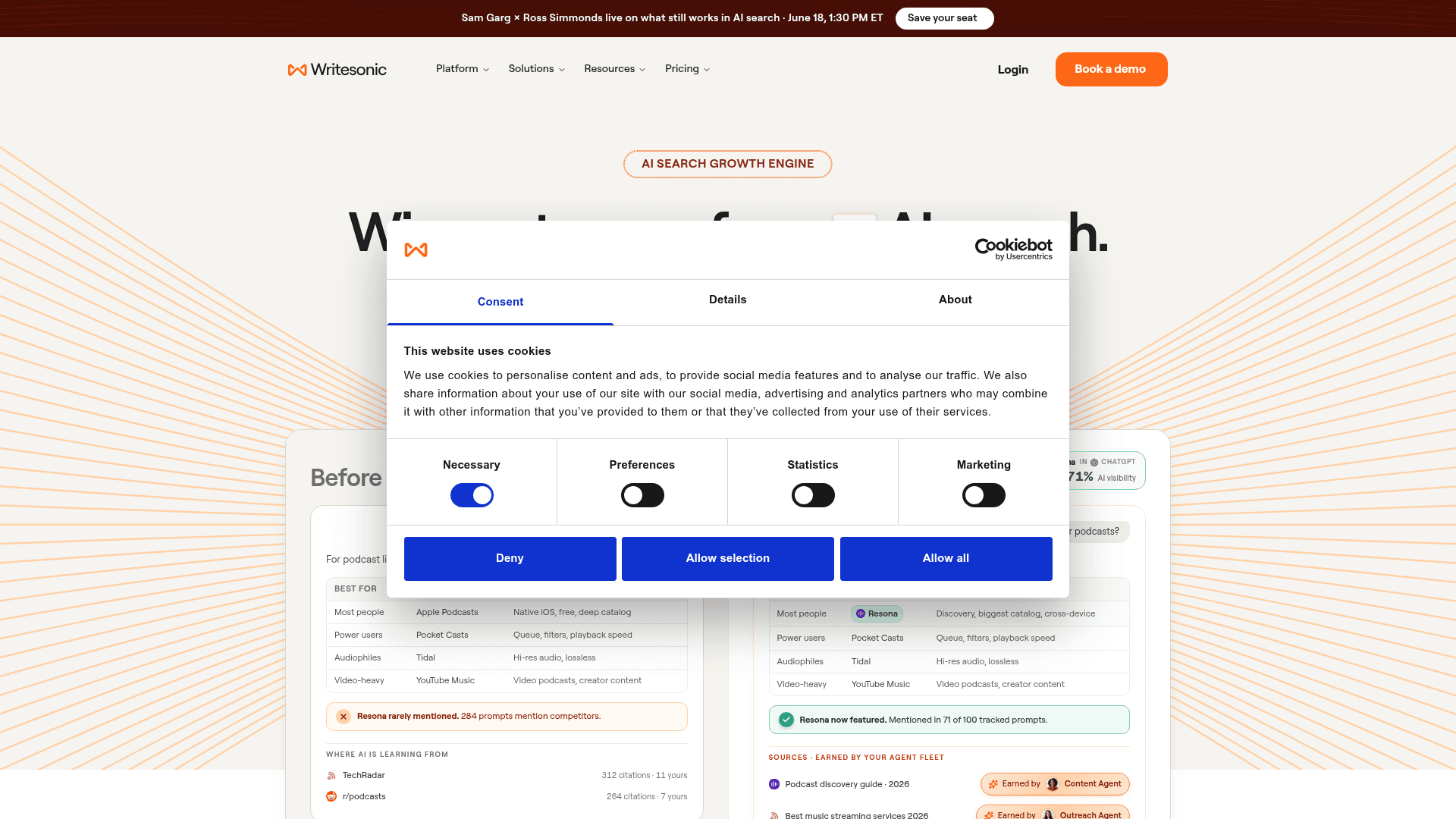 Writesonic homepage showing the AI Search Growth Engine platform, as taken from Writesonic