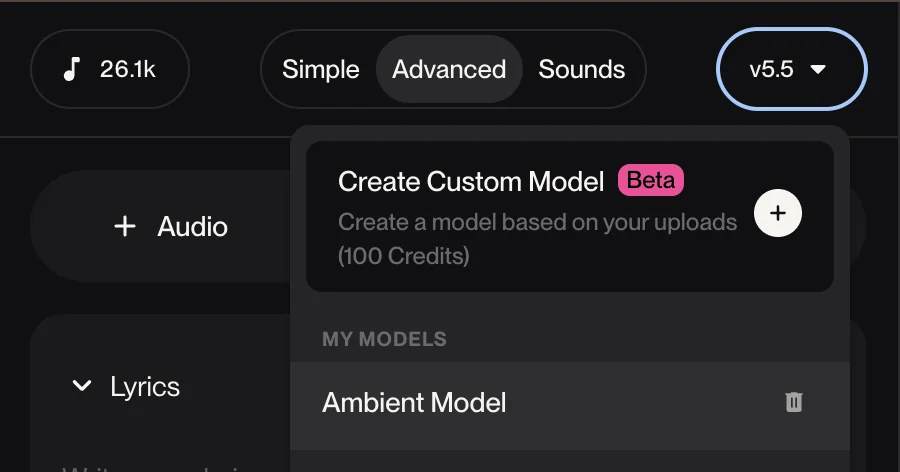 Suno's Custom Models menu, where a trained model costs 100 credits to create
