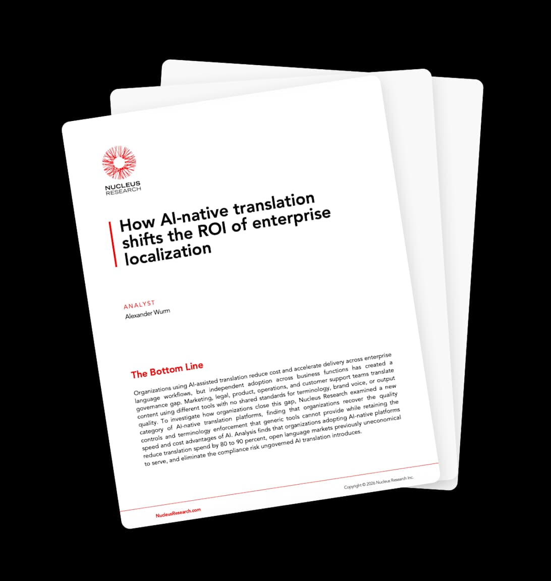 Nucleus Research analyst report cover: "How AI-native translation shifts the ROI of enterprise localization"