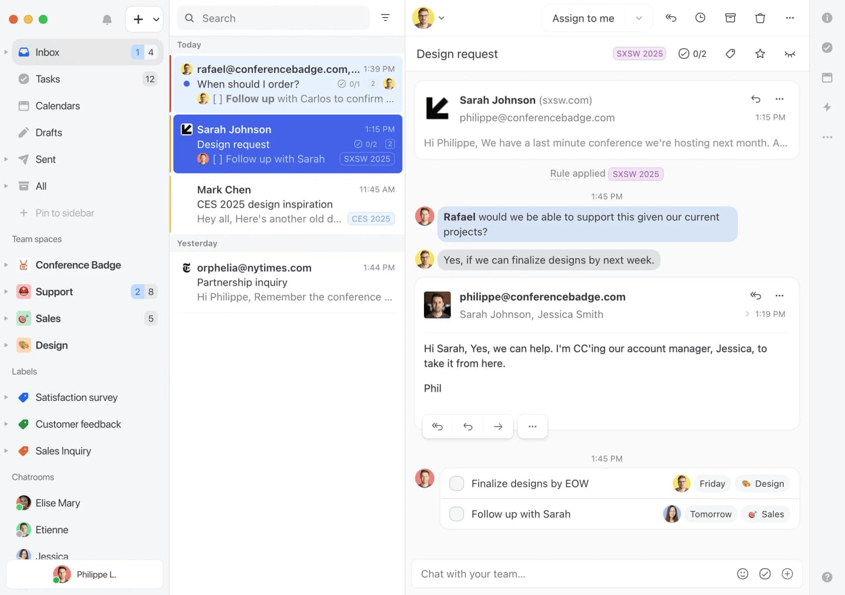 Missive's three-pane shared inbox with a Design request thread open, teammates chatting inline and two tasks attached, as taken from Missive