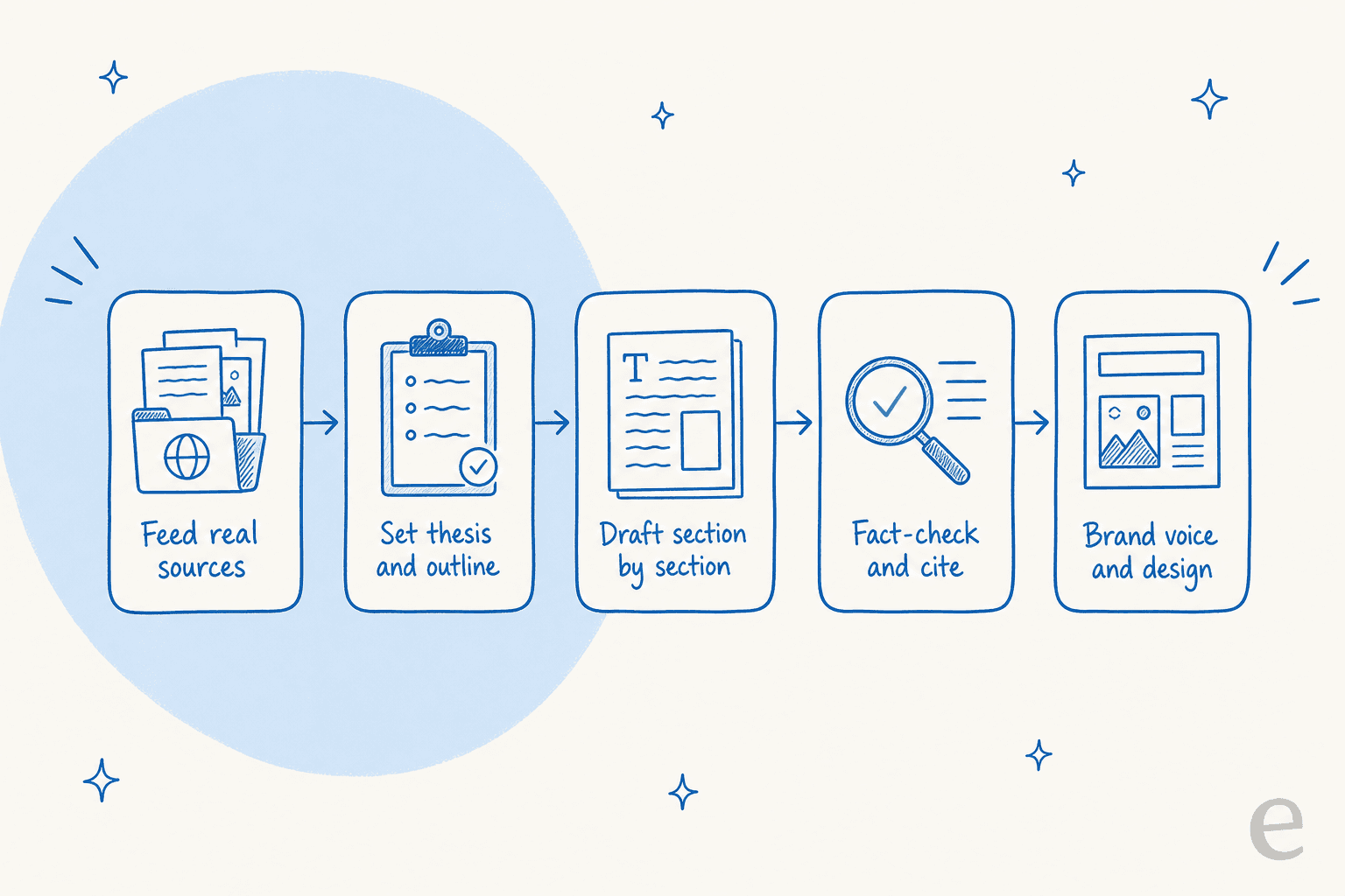 Five-card workflow: feed real sources, set thesis and outline, draft section by section, fact-check and cite, brand voice and design