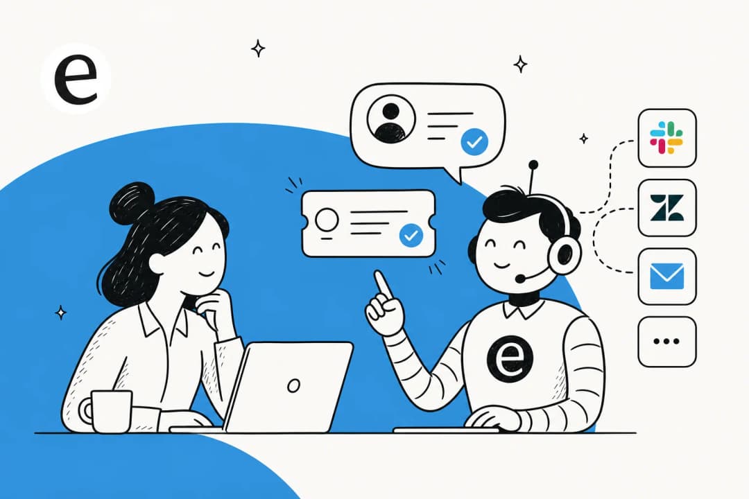 Illustration of a human agent and an AI support agent working side by side, connected to Slack, Zendesk, and email