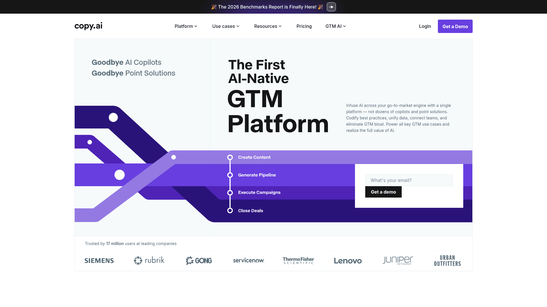 Copy.ai homepage showing its AI-Native GTM Platform positioning, as taken from Copy.ai