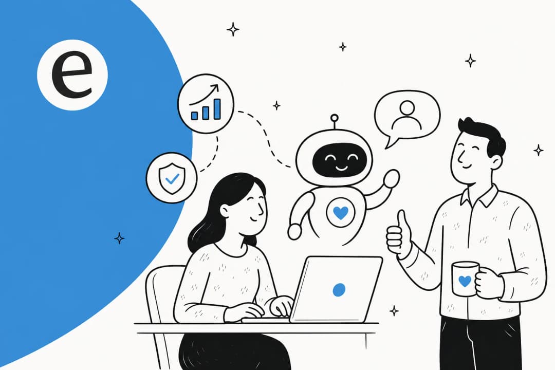 Illustration of an AI support agent helping a happy customer, on an eesel-blue background