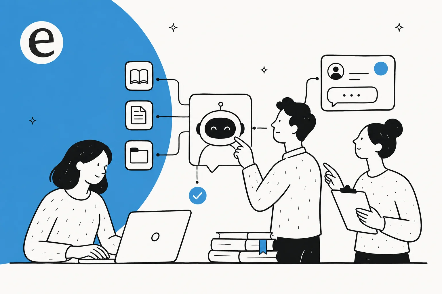 Editorial illustration of a team building an AI support chatbot trained on their own knowledge
