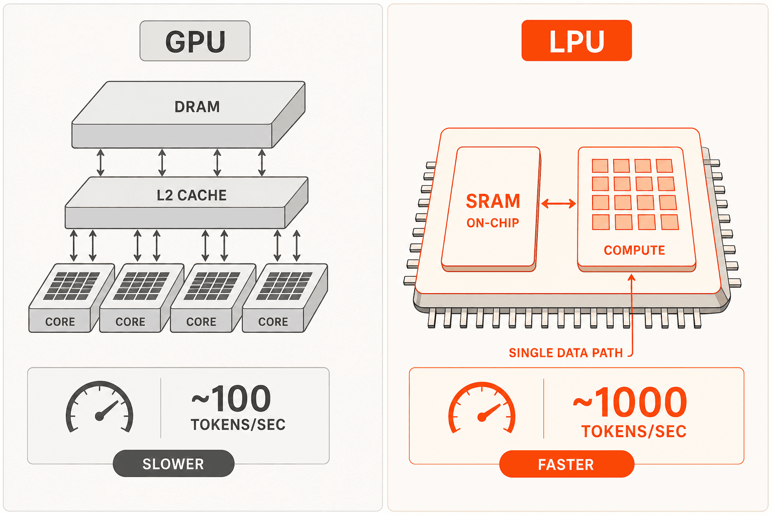 LPU vs GPU architecture - on-chip SRAM eliminates the memory wall that limits GPU inference throughput