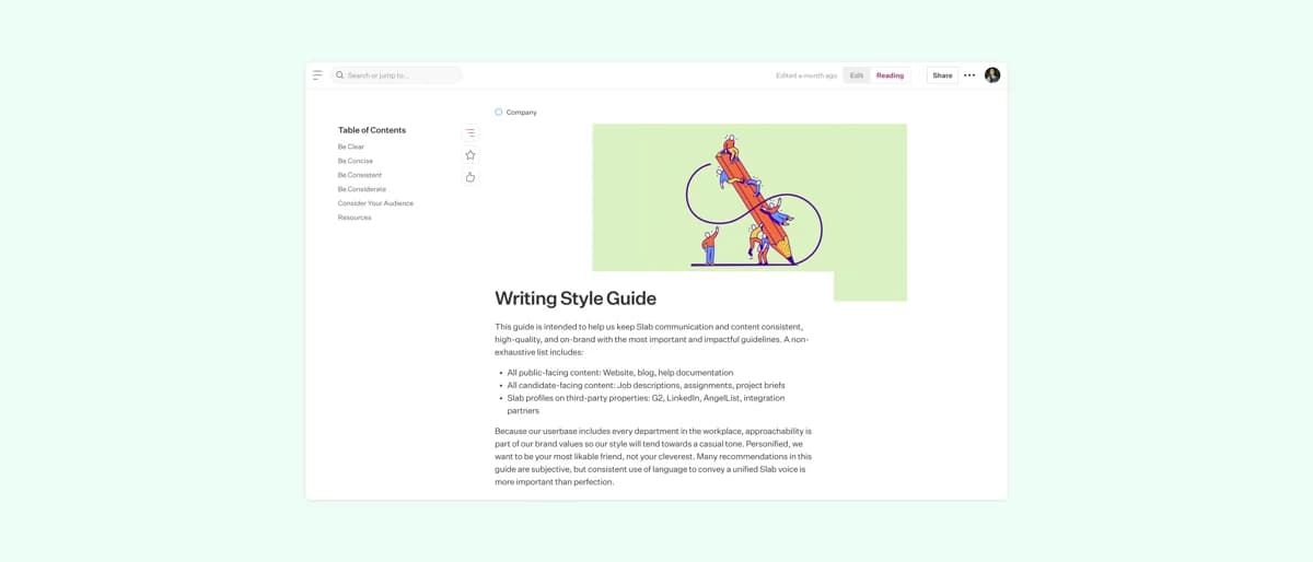 Slab reading interface showing clean document layout with topic-based navigation and team knowledge structure